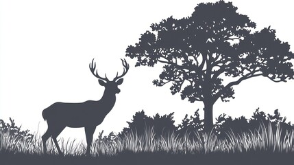 Silhouettes of deer and tree in nature