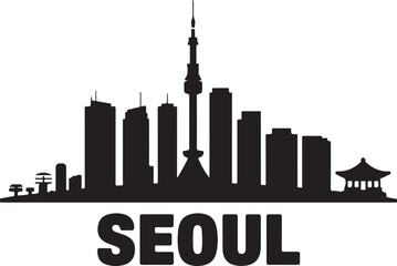 Obraz premium Seoul City Skyline SilhouetteTraditional Seoul Temple VectorN Seoul Tower Minimalist ArtSeoul at Night CityscapeKorean Architecture Silhouette Design
