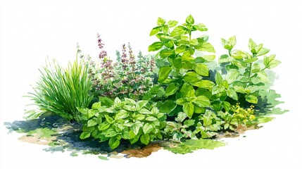A watercolor illustration shows a variety of fresh herbs. It could be used to represent recipes or natural remedies.