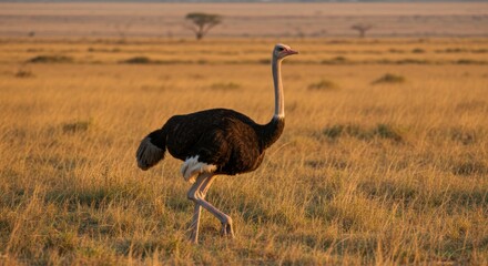 Fototapeta premium Majestic ostrich gracefully strides across golden savanna bathed in sunset's warm glow a breathtaking African scene