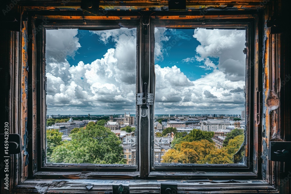 Poster view through a rustic window showcasing a dramatic cloudscape.