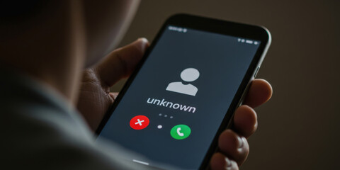 Smartphone screen with unknown caller held in man's hand, concept of scam call, phone fraud, mobile communication risk, anonymous identity, digital privacy, cybercrime, data protection