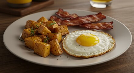 Hearty Breakfast Plate: Fried Egg, Bacon, and Roasted Potatoes - A delicious and satisfying breakfast featuring a fried egg, crispy bacon, and golden roasted potatoes. It symbolizes energy