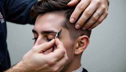 Grooming with Precision: A focused moment as a skilled barber delicately shapes a client's eyebrow, creating a sharp and refined appearance.