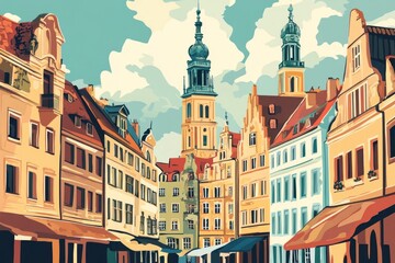 Naklejka premium European architecture travel in retro style illustration buildings european.