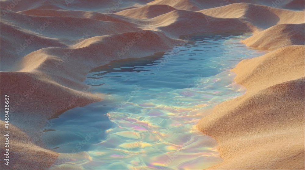Poster close-up of a small pool of water in the middle of a desert-like landscape. the water is a deep blue