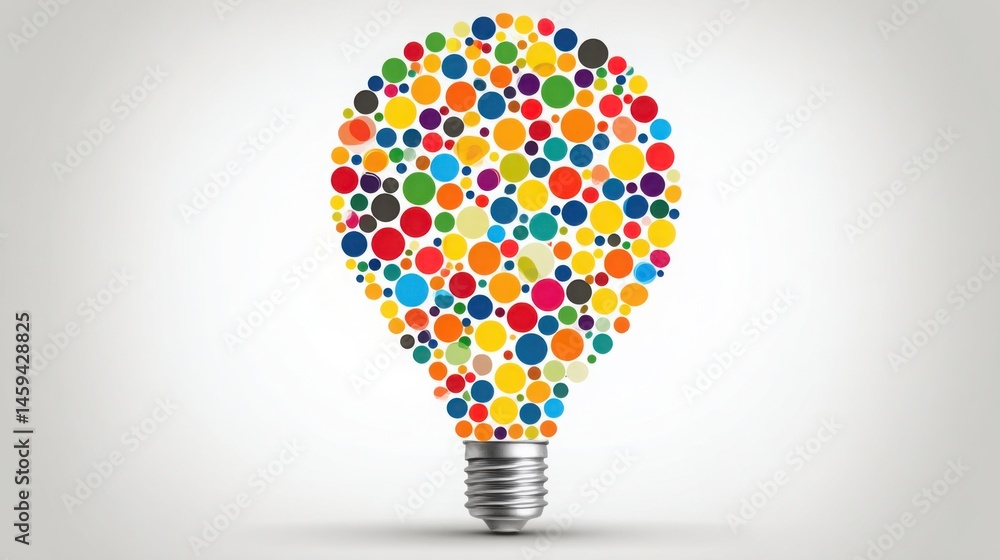 Poster light bulb surrounded by colorful circles representing ai-infused design idea generation and creativ