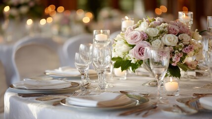 Elegant wedding table with floral centerpiece and fine china, radiating timeless romance and sophistication

