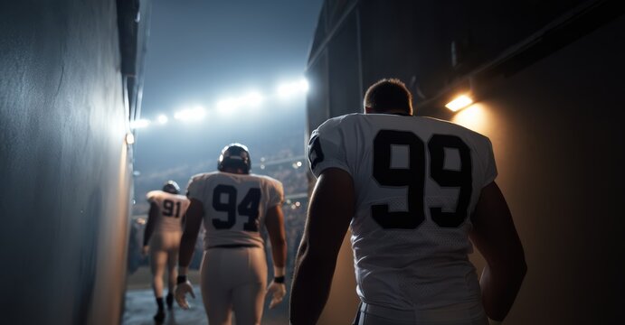 American football players in white uniforms walking out of tunnel onto field, showcasing determination and focus as they prepare for game. atmosphere is electric and intense - Powered by Adobe
