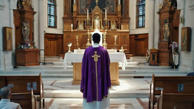 A black priest in a purple chasuble stands before the altar of a grand church during mass. Concept of devotion faith and sacred ritual
