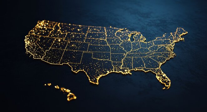Illuminated Map of the United States - A 3D map of the USA, with golden lights representing cities and states, set against a dark blue background