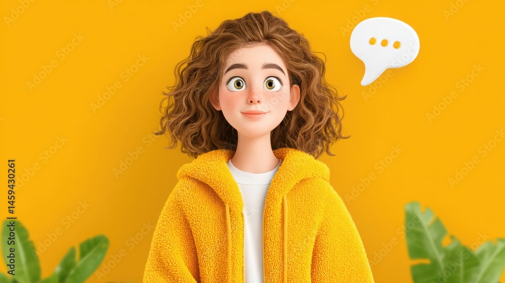 Poster Charming doll with a speech bubble representing conversation and interaction in a playful and creative context