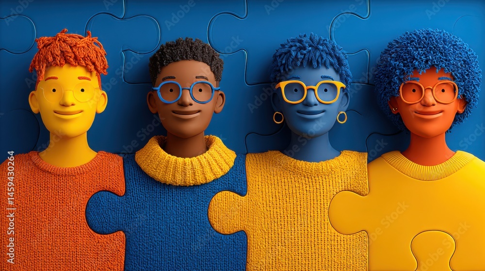 Poster four individuals collaborating with colorful puzzle pieces symbolizing teamwork and innovative partn