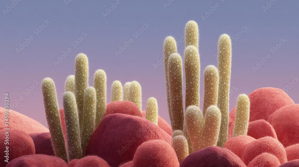Aufkleber 3d rendering of a group of cactus plants growing on top of a pile of red rocks. the cacti are tall a