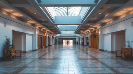 Fototapeta premium Empty shopping mall corridor with modern design, bathed in soft natural light. Minimalist urban space evoking tranquility and solitude. 