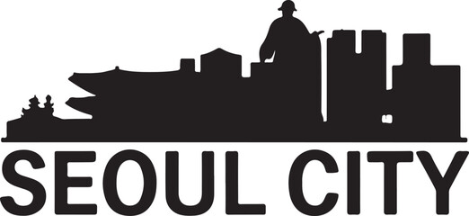 Obraz premium Seoul City Skyline SilhouetteTraditional Seoul Temple VectorN Seoul Tower Minimalist ArtSeoul at Night CityscapeKorean Architecture Silhouette Design