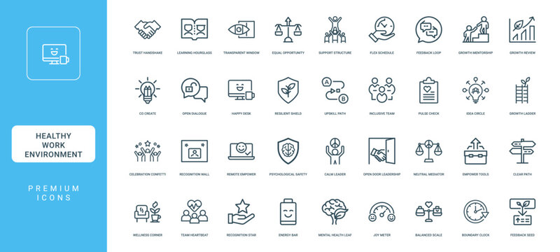 healthy supportive work environment collection line icons