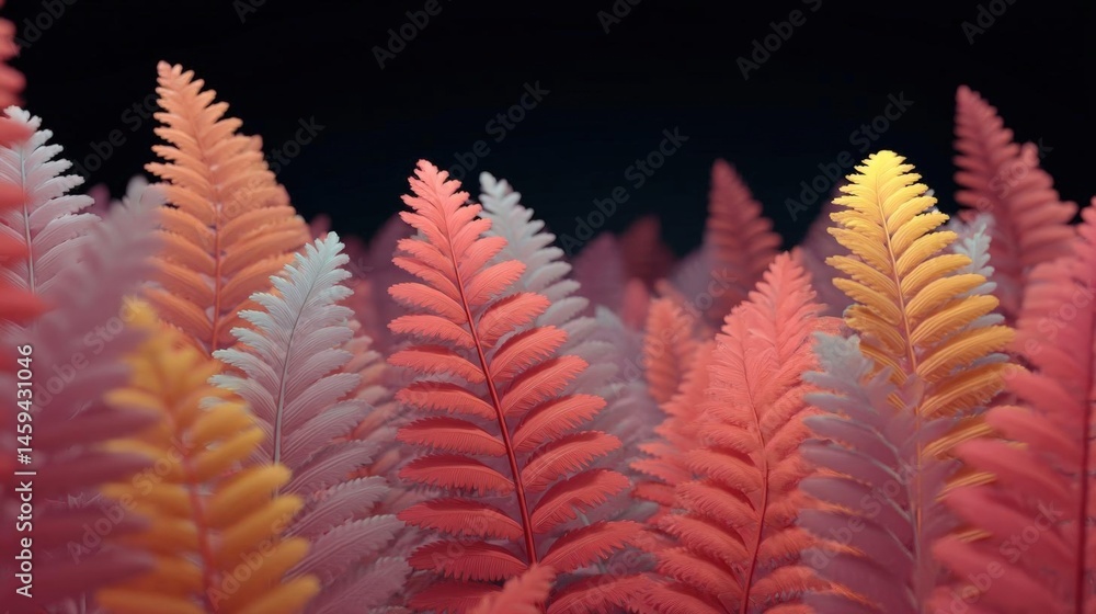 Poster close-up of a group of fern leaves in various shades of pink, orange, and yellow. the leaves are arr