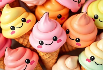 Fototapeta premium Close-up of adorable cartoon ice cream cones, thick outlines, vibrant colors, charming, cartoon