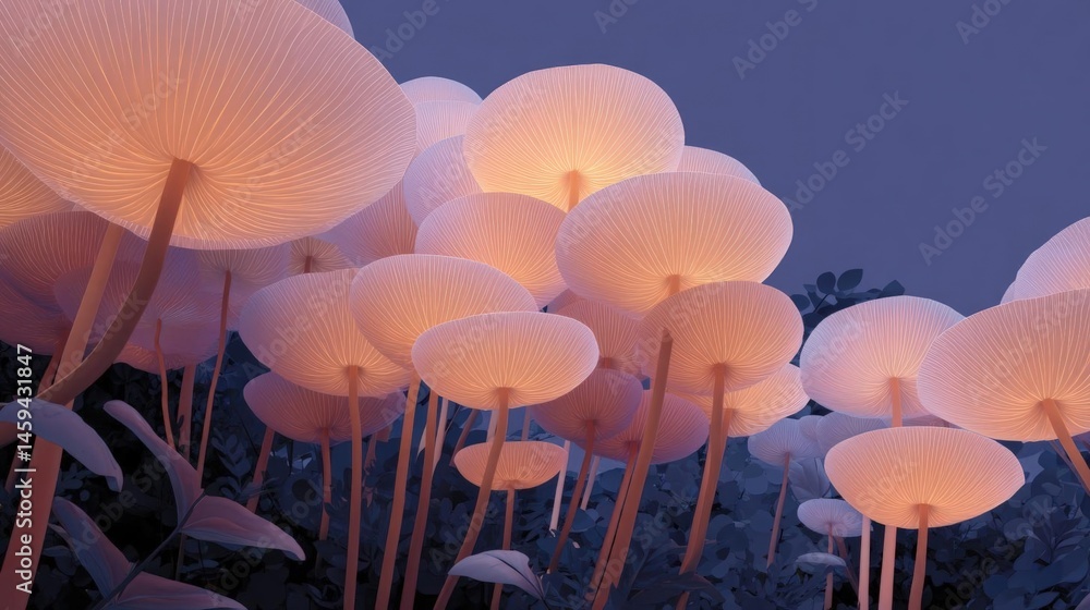 Poster digital illustration of a group of pink mushrooms. the mushrooms are arranged in a cluster, with som