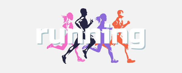 Marathon run. Group of running people, men and women. Isolated vector silhouettes