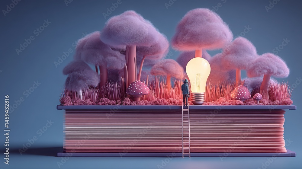Poster a man standing on a large book with a bright light bulb illuminating above representing ai-powered l