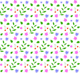 Seamless texture in the form of a small pattern of multi-colored flowers and leaves in doodle style on a white background