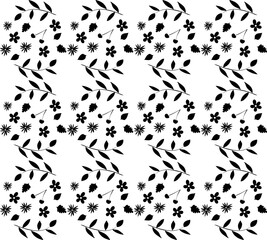 Seamless floral pattern in black on white background, hand drawn in doodle style