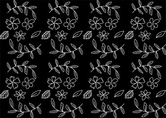 Seamless floral pattern in white color in doodle style on black background