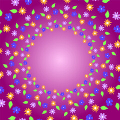 Bright festive pink background decorated with a pattern of multi-colored flowers and leaves arranged in a circle