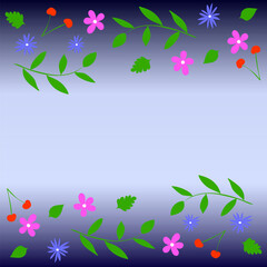 Abstract gradient background decorated with bright colored pattern in the form of flowers and leaves