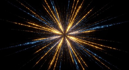 Fototapeta premium Abstract Golden and Blue Light Burst Explosion Radiating Energy, Starry Night Sky, Cosmic Galaxy, Digital Art, Futuristic Background