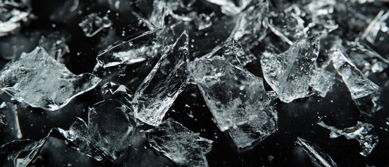 Shattered Ice Fragments on Black Background: A Close-Up Macro Photography