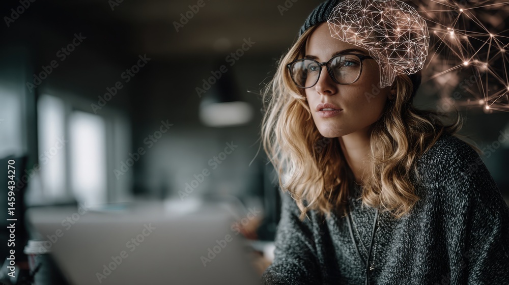 Aufkleber woman working on a laptop with a brain model, exploring innovative ideas and testing values in a mod