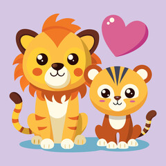 Obraz premium Download Cute Lion And Tiger Couple With Love Heart Tail Cartoon Vector Eps File For Design.