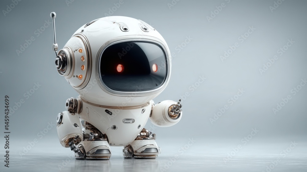 Poster innovative ai business mentor robot featuring a striking red light on its face for guidance and assi