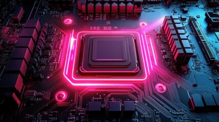 High-tech circuit board with glowing central processor