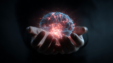Futuristic image of human hands holding a digital and shining brain