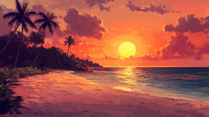 Tropical Sunset Paradise: A Serene Beachscape at Golden Hour