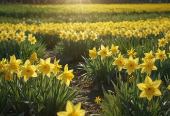 Obraz premium Sunlit daffodils burst forth in vibrant yellow across a verdant field , texture, landscape, blooming