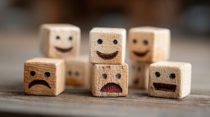 Playful group of wooden blocks featuring faces representing ai customer feedback tone classifier concept