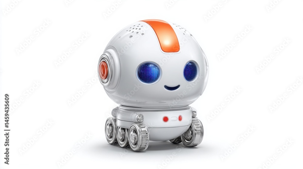 Poster friendly robot with a red and white face standing ready to assist in interviews and provide structur