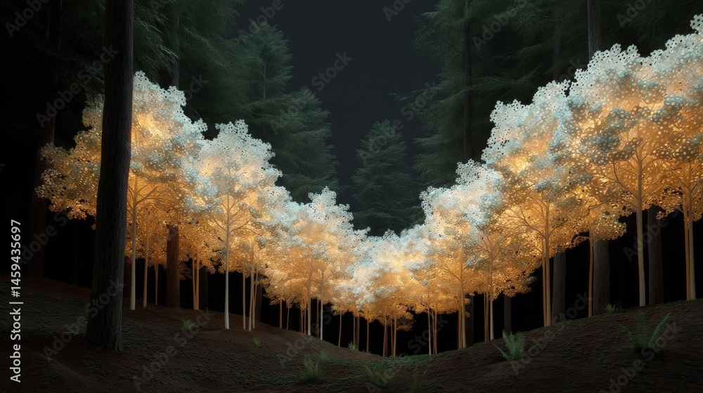 Poster group of trees in a forest at night. the trees are tall and slender, with a row of them reaching up 