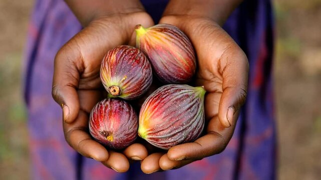 a pair of hands cradles fresh figs, showcasing the fruit's natural beauty and vibrant colors. This moment emphasizes the connection to nature.
