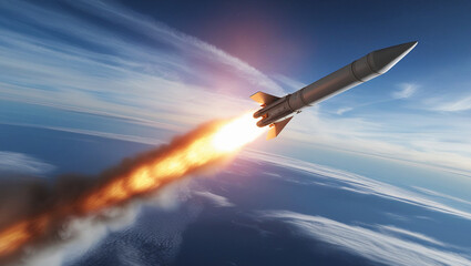 Rocket Launch with Fiery Exhaust Trail in Blue Sky Hypersonic Missile and Aerospace Technology in Flight