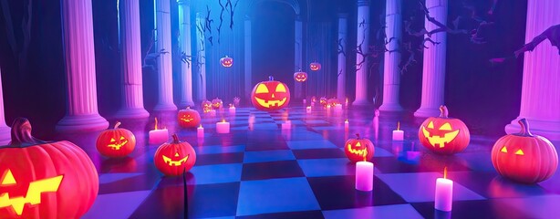 A hallway with many pumpkins and candles