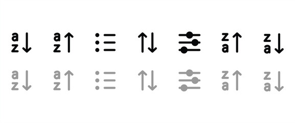 Set flat icon of sorting Toolbar. Ribbon tool icon set. Minimalist icon set featuring sorting and filtering symbols with directional arrows and list lines. Ideal for UI UX design in transparent.