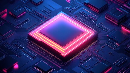 High-tech circuit board with neon-lit chip