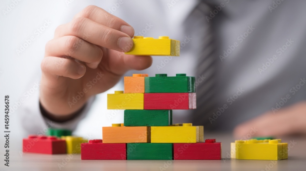 Poster person skillfully building a tower of blocks illustrating creativity and systematic approach to prod
