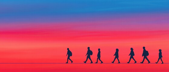 People walking silhouette with sky